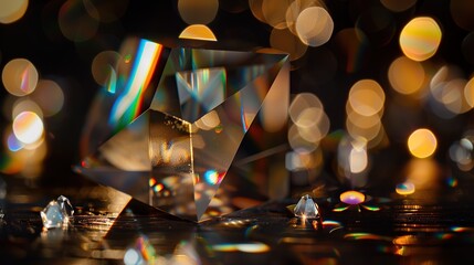 Light Refraction crystal prism with abstract blurred colorful lens flare bokeh on black background. generative AI