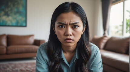 Angry frustrated indonesian young female woman staring at the camera on a living room home background from Generative AI