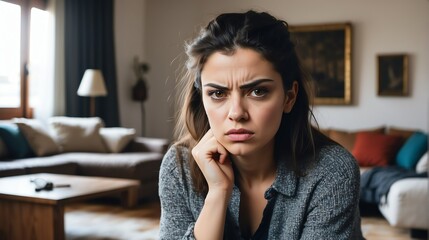 Angry frustrated italian young female woman staring at the camera on a living room home background from Generative AI - obrazy, fototapety, plakaty