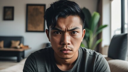 Angry frustrated japanese young male man staring at the camera on a living room home background from Generative AI - obrazy, fototapety, plakaty