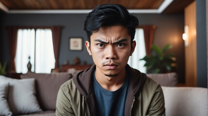 Angry frustrated japanese young male man staring at the camera on a living room home background from Generative AI