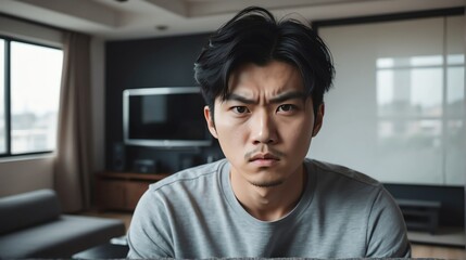 Obraz premium Angry frustrated korean young male man staring at the camera on a living room home background from Generative AI