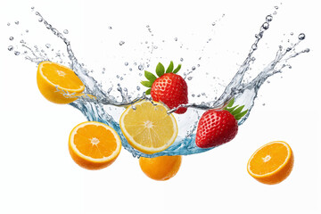 Strawberries and oranges falling into water. Generative Ai
