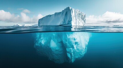 Minimalistic image of an iceberg in the ocean with a view under and above the water with a copy...