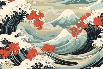 A blend of vintage charm and Japanese aesthetics, featuring a drawing of oriental waves in a captivating and artistic background, Generative AI
