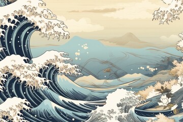 A blend of vintage charm and Japanese aesthetics, featuring a drawing of oriental waves in a captivating and artistic background, Generative AI