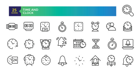 Time and Clock line icons about location, time and date. Contains such icons as clock, schedule, calendar and pin. Vector illustration.