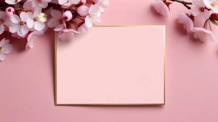 pink cherry blossom on paper, spring background . Mockup for Mother's Day holiday, birthday, on light pink background, with sakura flowers with gold splashes, for party invitation 