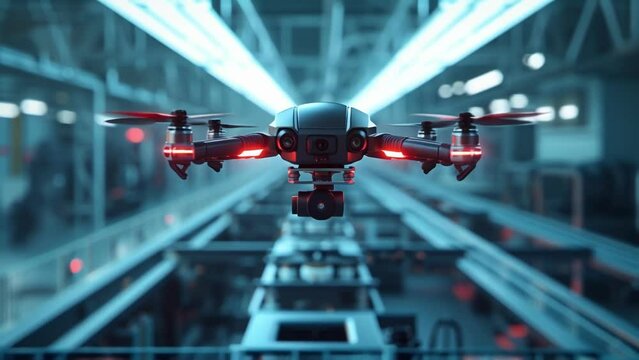 A detailed shot of an et being scanned and recorded by an IIoTenabled drone as it flies through the factory to complete a routine inventory check.