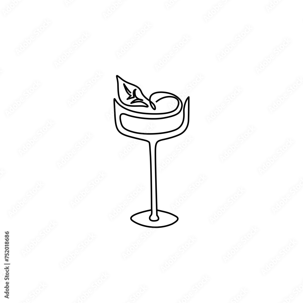 Wall mural Tropical cocktail glass, emblem or logo design, continuous line drawing, neon, tattoo, print for clothes, t-shirt, one single line on a white background, isolated vector illustration.