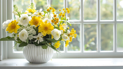 Yellow and white spring flowers in white vase on windowsill