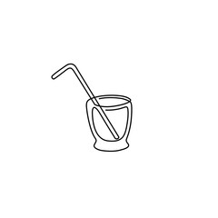 Glass with straw, emblem or logo design, continuous line drawing, neon, tattoo, print for clothes, t-shirt, one single line on a white background, isolated vector illustration.