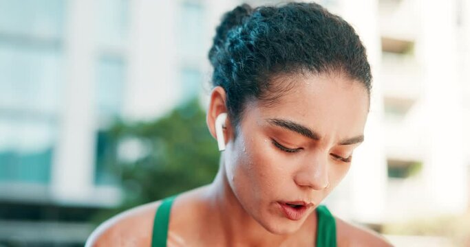 City, tired and woman with fitness, breathing and endurance with challenge and progress with health goals. New York, person and runner with break and relaxing with exercise and sweating with workout