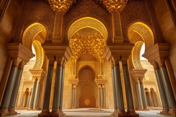 Fototapeta na wymiar Golden alcoves and a central niche within a resplendent mosque