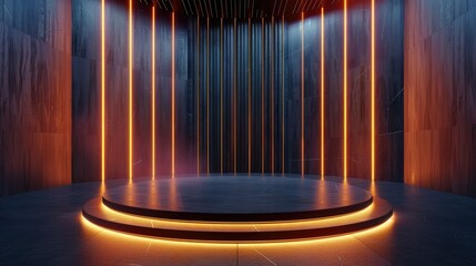 Modern stage with neon lights and reflective floor, creating a futuristic corridor.