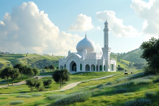 A modern mosque nestled amidst the peaceful countryside