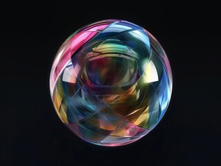 A multi-colored, translucent glass sphere with intricate designs, isolated on a black backdrop.