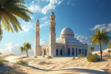Naklejka premium A desert landscape with a large white mosque building in the background