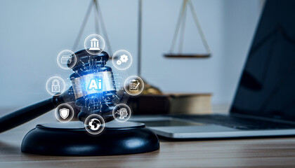 AI Law and AI ethics concept.Judicial gavel and law icon.legislation and regulations of AI Act....
