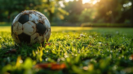 Fotobehang A classic black and white soccer ball on green grass. © tong2530