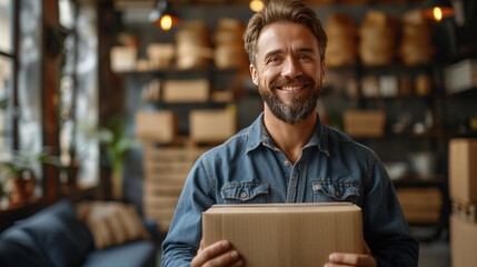 A smiling young man mover worker in uniform holding a cardboard box and looking cheerful at camera standing in empty new apartment. Move, relocation and moving service concept.