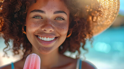 A young smiling African American woman eating a popsicle ice cream on hot summer day at the beach.