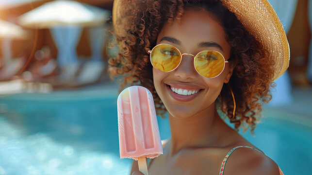 A young smiling African American woman eating a popsicle ice cream on hot summer day at the beach. - Powered by Adobe