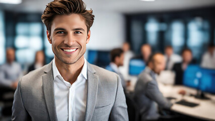 smiling handsome businessman standing in front of team, at meeting room office, smiling at camera - 752020019