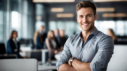 smiling handsome businessman standing in front of team, at meeting room office, smiling at camera