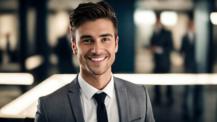 smiling handsome businessman standing in front of team, at meeting room office, smiling at camera - 752020026