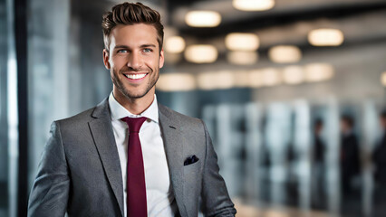smiling handsome businessman standing in front of team, at meeting room office, smiling at camera - 752020036
