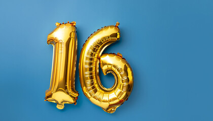 
Banner with number 16 golden balloon with copy space. Sixteen years anniversary celebration concept on a blue background.