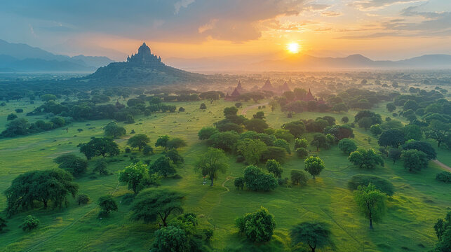 Aerial view of Ancient pagoda in Bagan, Mandalay, Myanmar at the Bagan pagoda landscape.