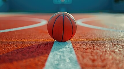 Basketball on vibrant orange court with distinct line markings.