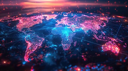 Digital illustration of a glowing world map network connection.