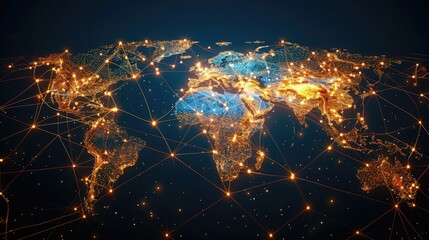 Illuminated network lines connecting over a global map at night.
