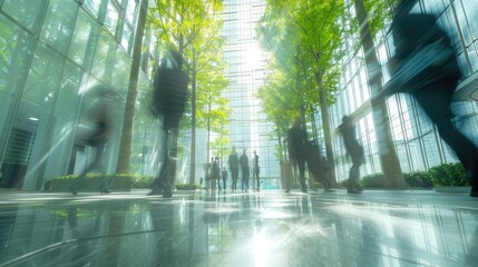 People in motion in a sunlit, tree-lined corporate glass building lobby.