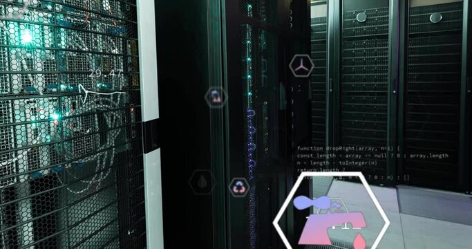 Animation of digital eco icons and data processing over computer servers