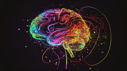 Colorful illustration of a human brain with dynamic swirling lines and dots on a black background, representing creativity and brainstorming. Ai generative - obrazy, fototapety, plakaty