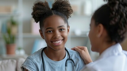 Cheerful young girl with a stethoscope receiving care from a healthcare professional.