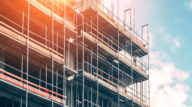 An image showing scaffolding on a construction site with a clear blue sky in the background. Ai generative illustration