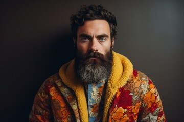 Bearded man, long beard. Brutal caucasian hipster with moustache in colorful scarf and coat on dark background
