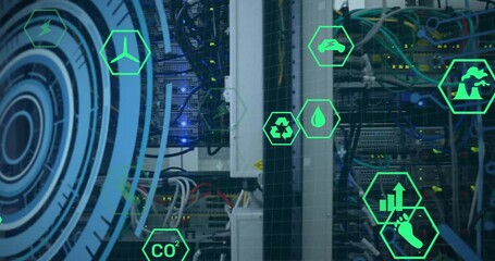 Animation of digital eco icons and data processing over computer servers - Powered by Adobe