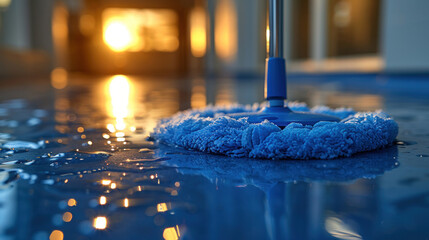 Close up of a mop, floor and clean it with a lint-free cloth or hospital cleaner. - obrazy, fototapety, plakaty
