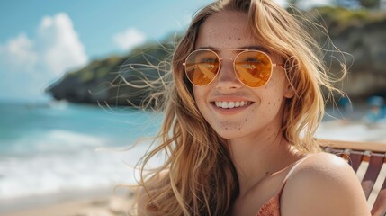 Smiling woman with freckles wearing sunglasses at the beach. - obrazy, fototapety, plakaty