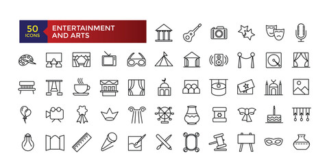 Entertainment and Arts line icons collection. Big UI icon set in a flat design. Thin outline icons pack. Vector illustration.