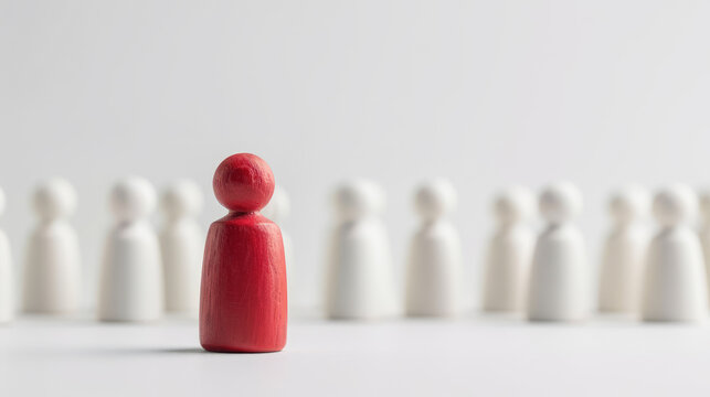 One red pawn stands in front of many white pawns against a white background symbolizing leadership. Ai generative
