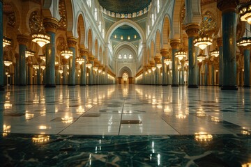 A large mosque, empty, and very long building with many windows and a lot of light