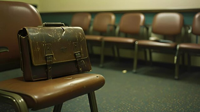 A briefcase is left on a chair in the waiting area with its contents tered on the ground suggesting the owner left in a hurry.