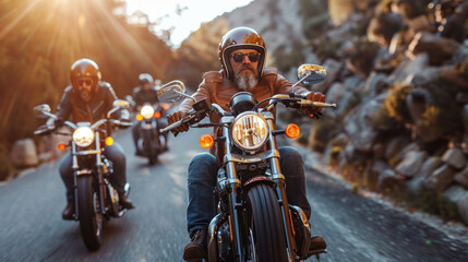 Group of cruiser-chopper motorcycle riders on the road.